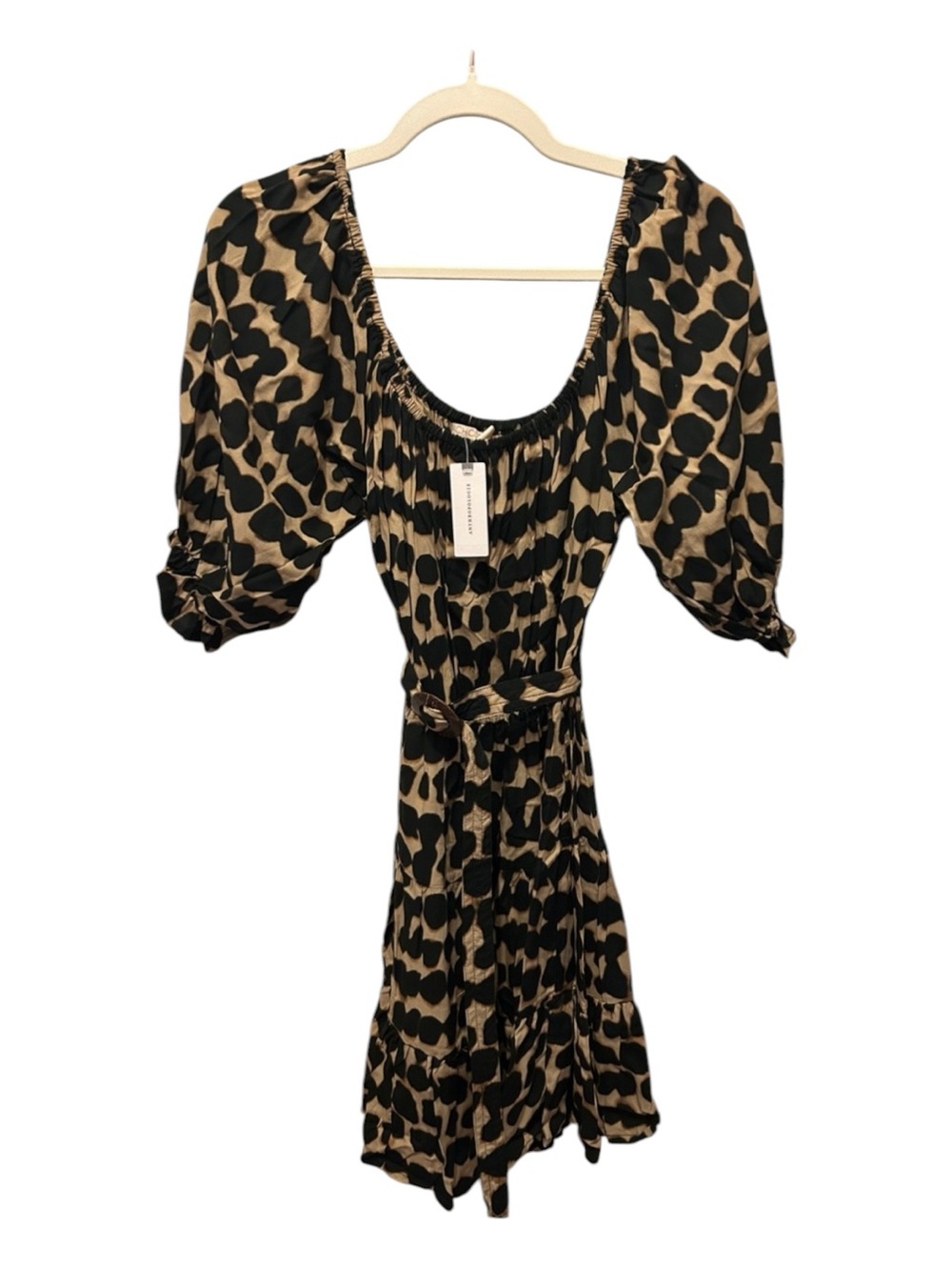 BEACHGOLD Leopard-Print Puff Sleeve Mini Dress in Tan & Black